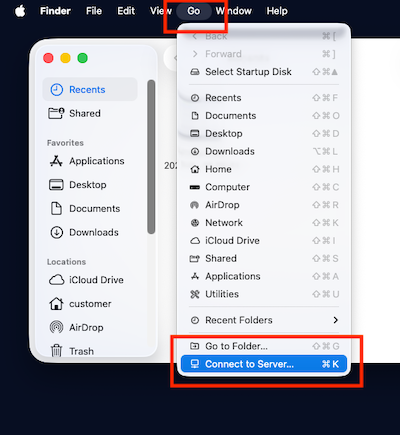 Finder menu item showing Connect to Server...